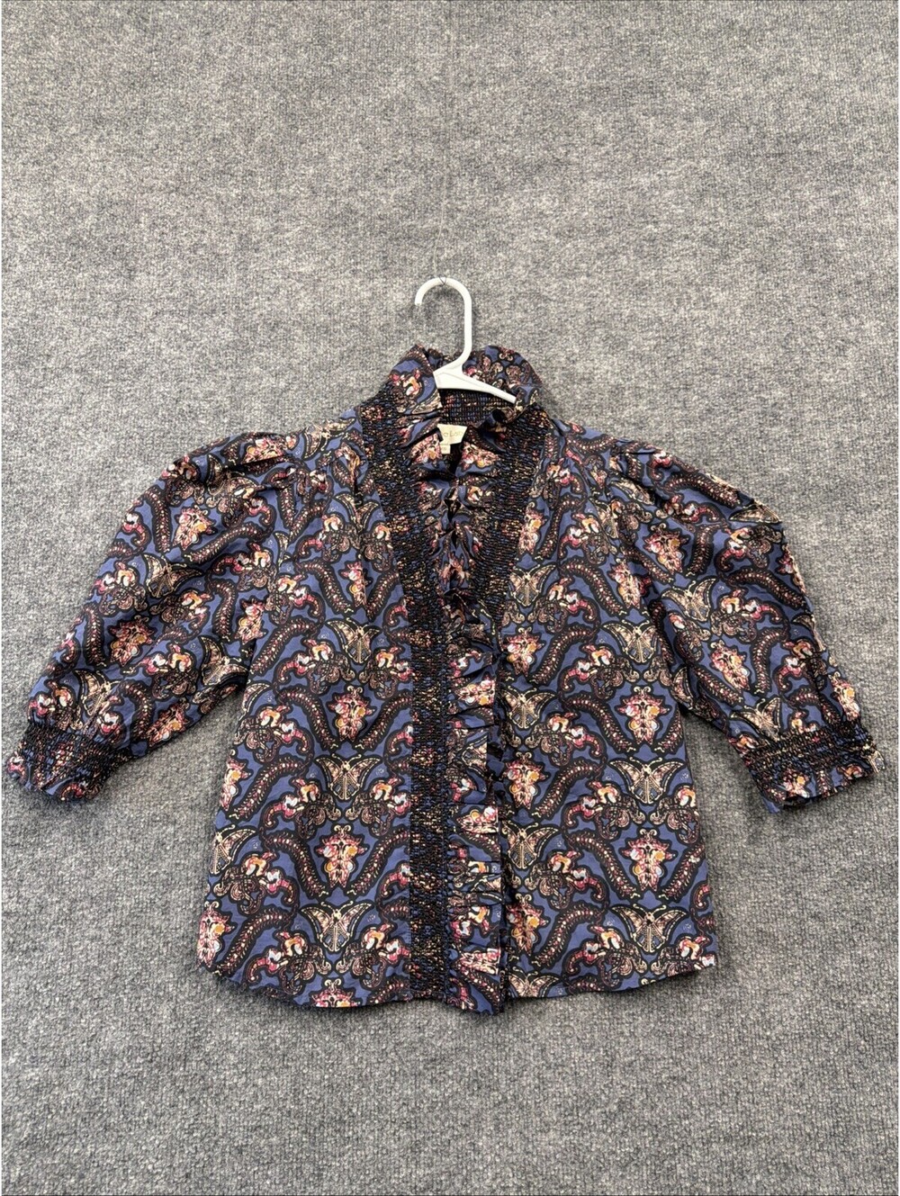 Love The Label Anthropology XS Blouse Purple And Pink Moths and Ruffles